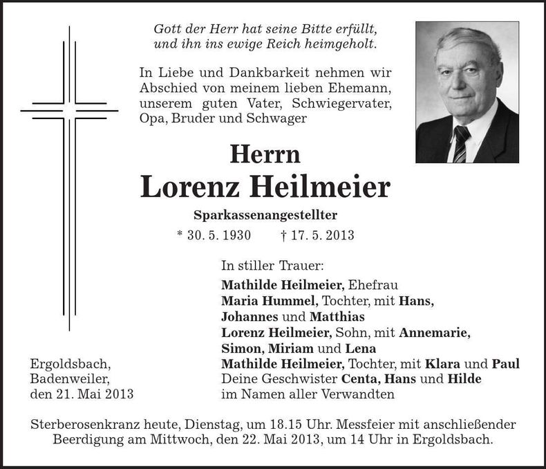 Traueranzeige Lorenz Heilmeier