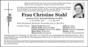 Traueranzeige Christine Stahl