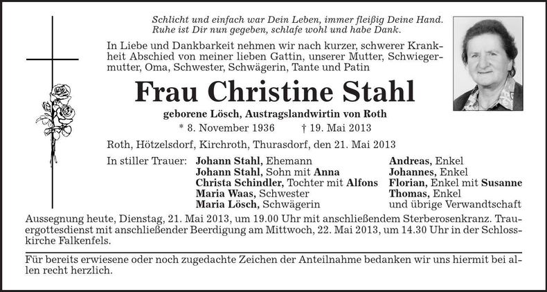 Traueranzeige Christine Stahl