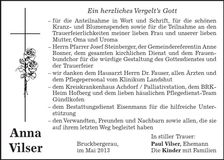 Traueranzeige Anna Vilser