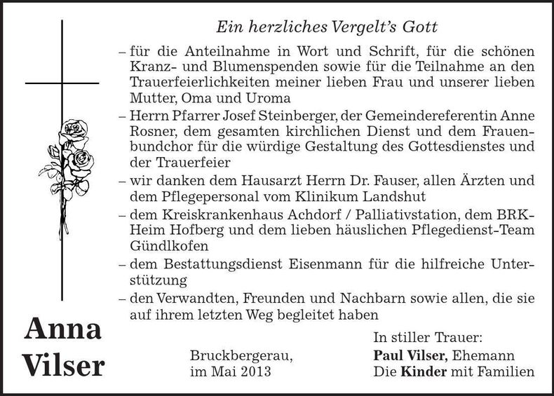 Traueranzeige Anna Vilser