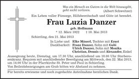 Traueranzeige Luzia Danzer