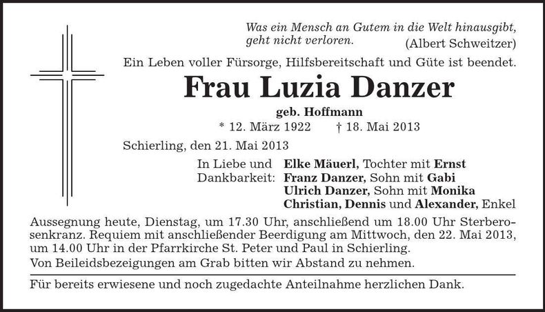 Traueranzeige Luzia Danzer