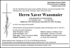 Traueranzeige Xaver Waasmaier