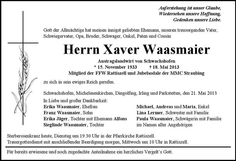 Traueranzeige Xaver Waasmaier