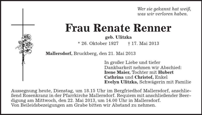 Traueranzeige Renate Renner