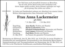 Traueranzeige Anna Lackermeier