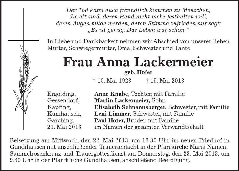 Traueranzeige Anna Lackermeier