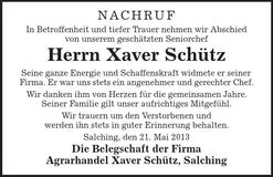 Traueranzeige Xaver Schütz
