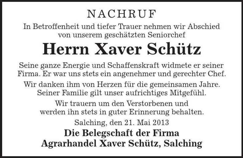 Traueranzeige Xaver Schütz