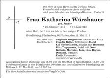 Traueranzeige Katharina Würzbauer