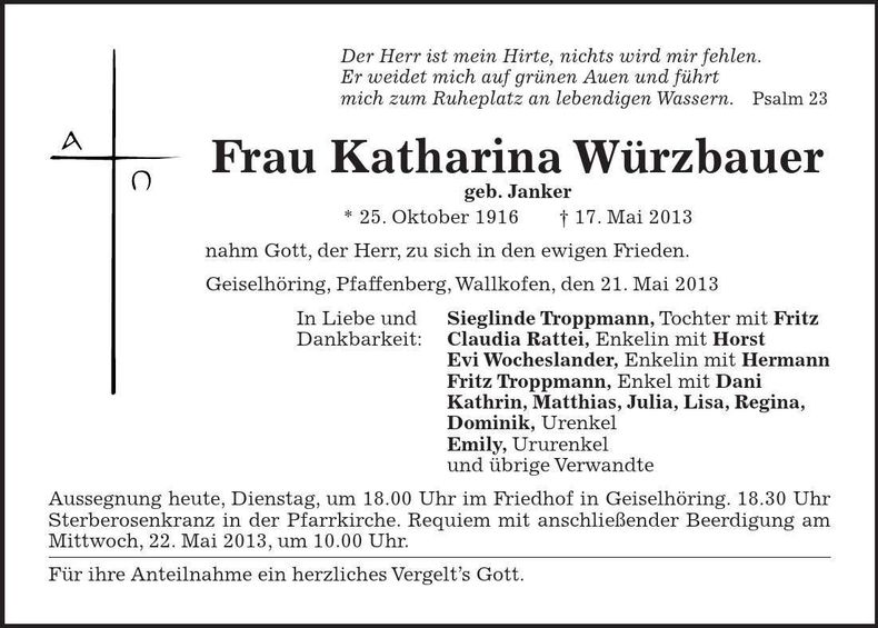 Traueranzeige Katharina Würzbauer