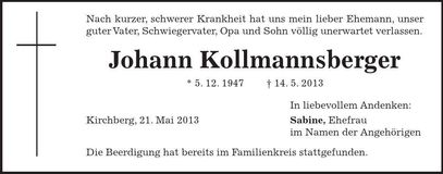 Traueranzeige Johann Kollmannsberger