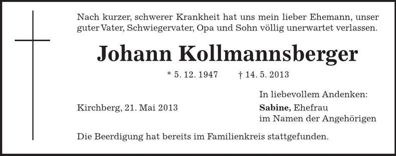 Traueranzeige Johann Kollmannsberger