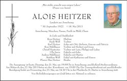 Traueranzeige Alois Heitzer