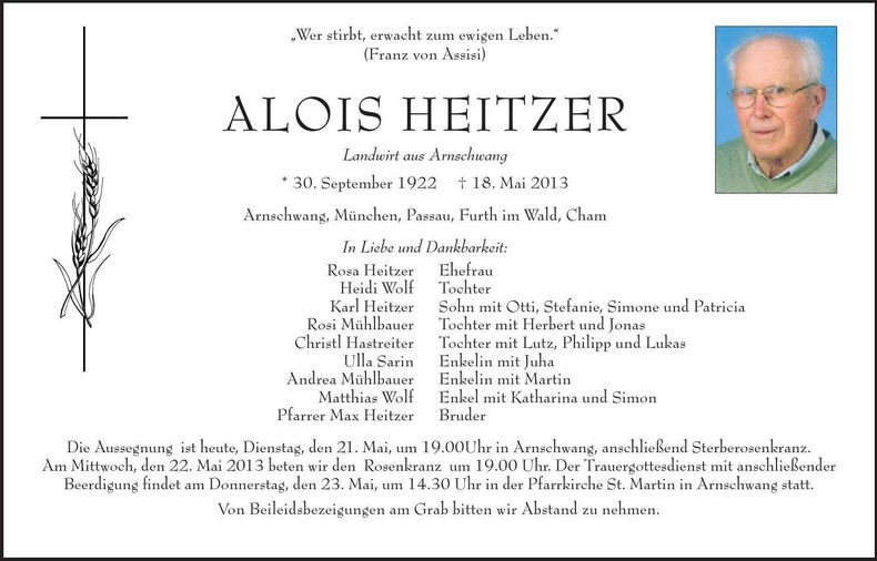 Traueranzeige Alois Heitzer