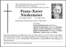 Traueranzeige Franz-Xaver Niedermeier