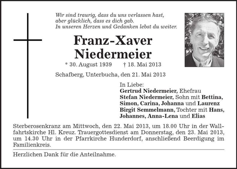 Traueranzeige Franz-Xaver Niedermeier