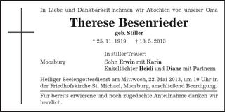 Traueranzeige Therese Besenrieder