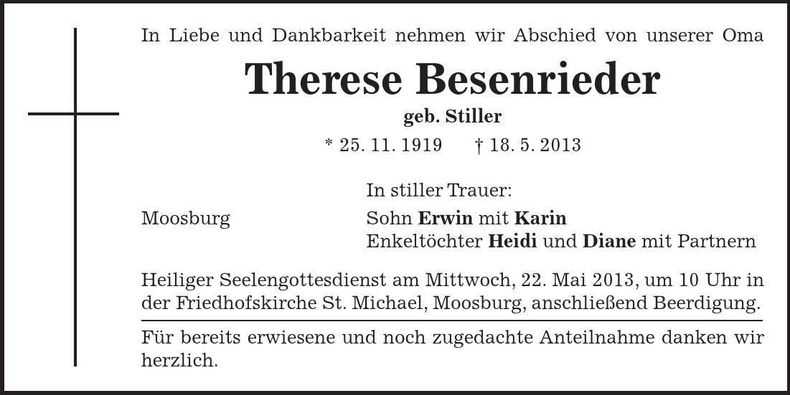 Traueranzeige Therese Besenrieder
