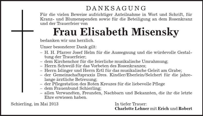 Traueranzeige Elisabeth Misensky