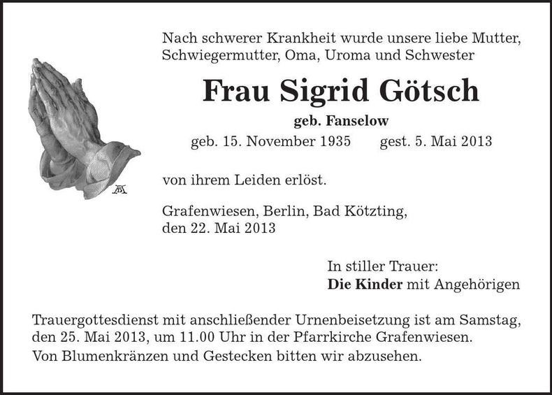 Traueranzeige Sigrid Götsch
