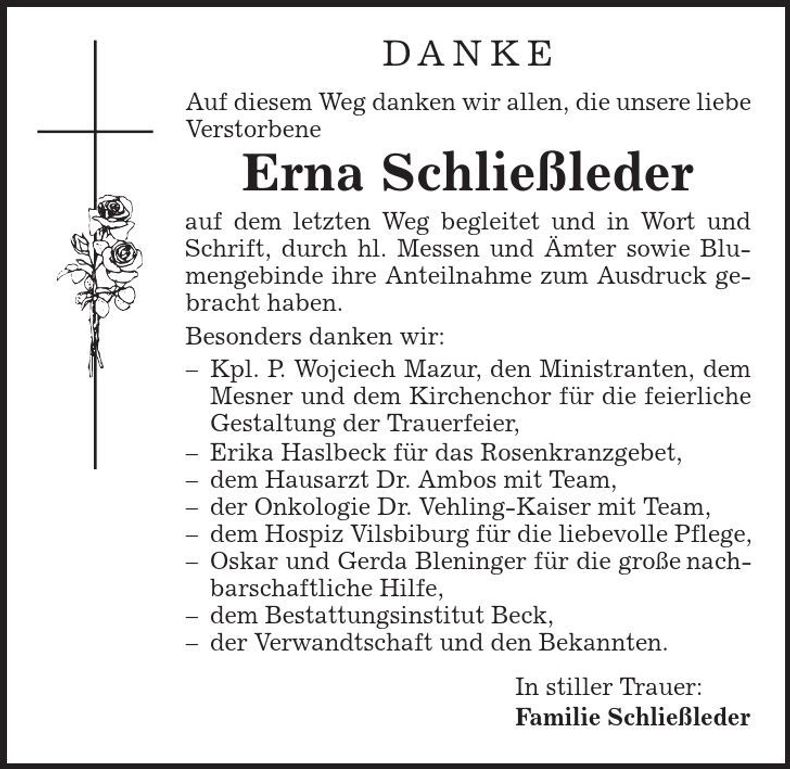 Traueranzeige Erna Schließleder