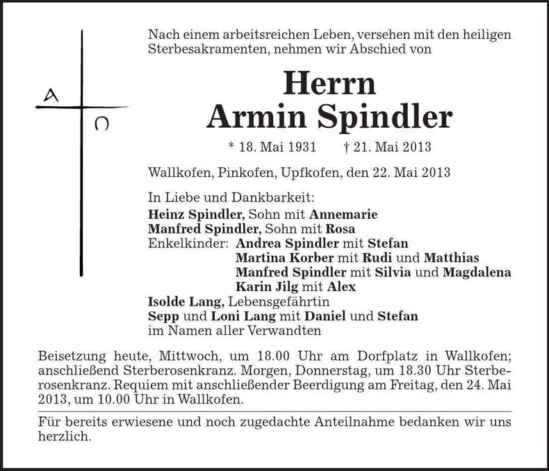 Traueranzeige Armin Spindler