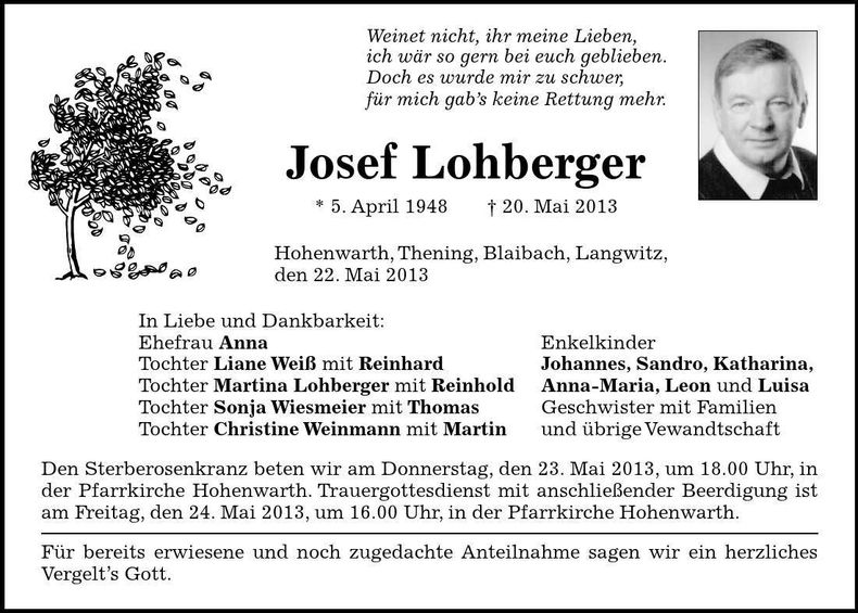 Traueranzeige Josef Lohberger