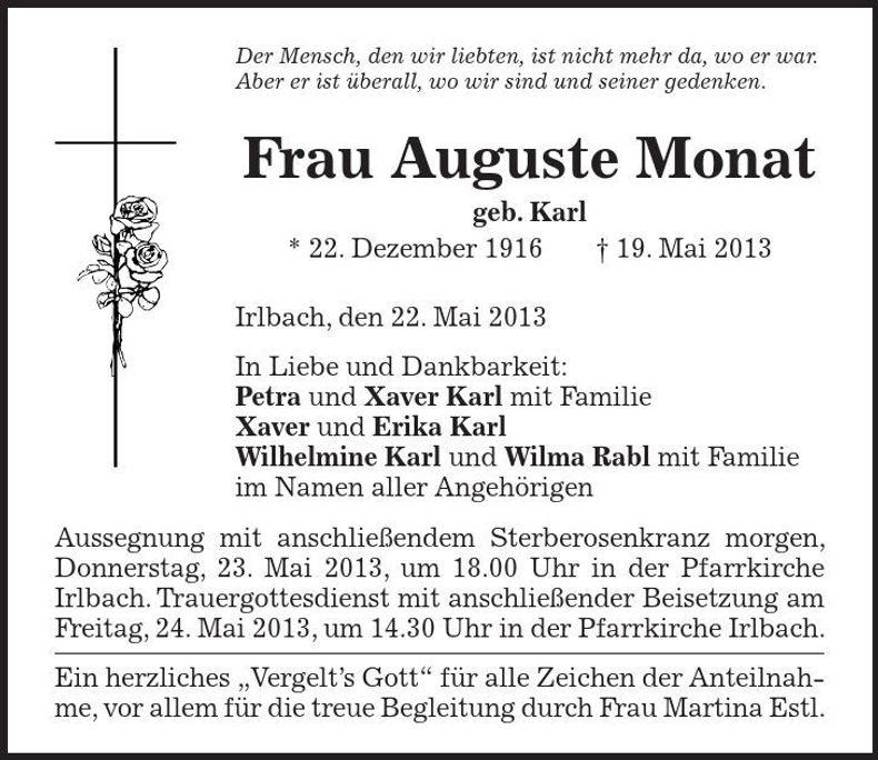 Traueranzeige Auguste Monat