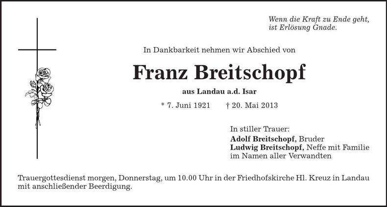 Traueranzeige Franz Breitschopf