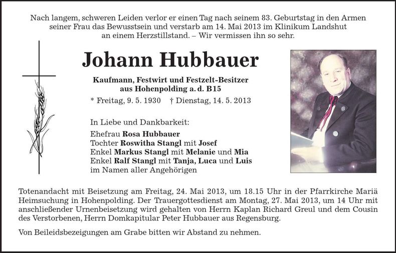 Traueranzeige Johann Hubbauer