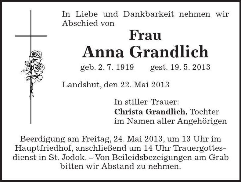 Traueranzeige Anna Grandlich