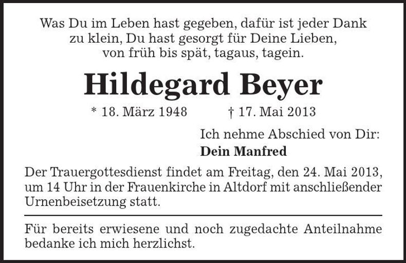 Traueranzeige Hildegard Beyer