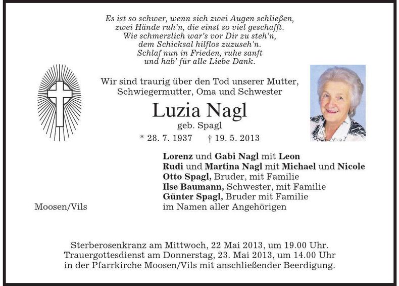 Traueranzeige Luzia Nagl