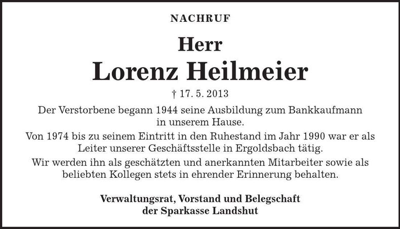 Traueranzeige Lorenz Heilmeier