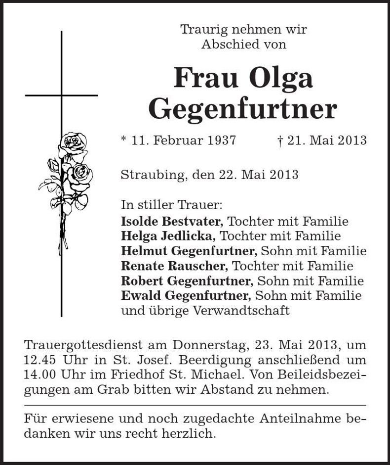 Traueranzeige Olga Gegenfurtner