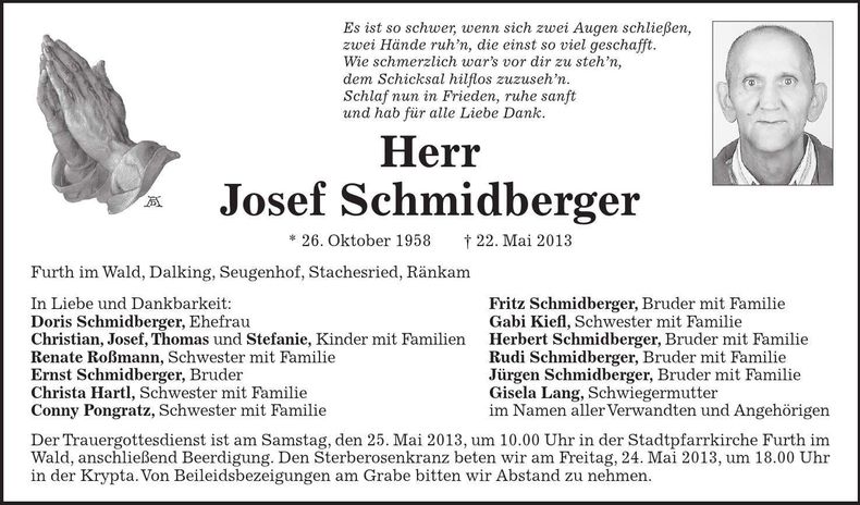 Traueranzeige Josef Schmidberger
