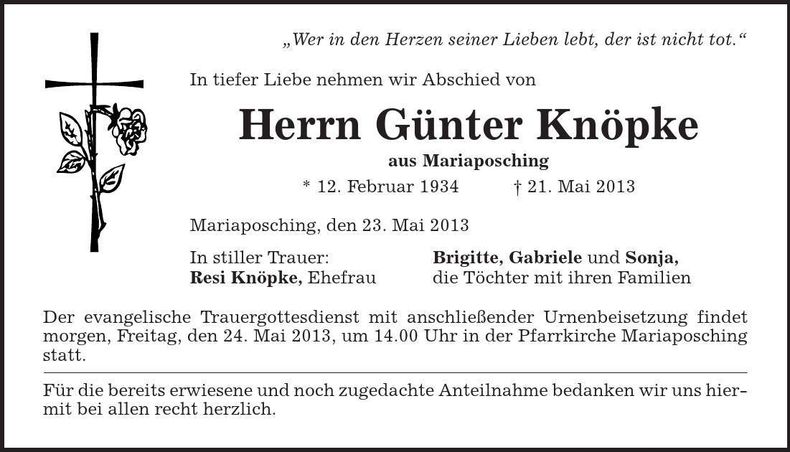 Traueranzeige Günter Knöpke