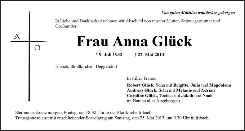 Traueranzeige Anna Glück