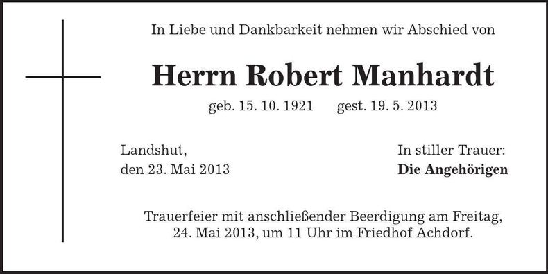 Traueranzeige Robert Manhardt