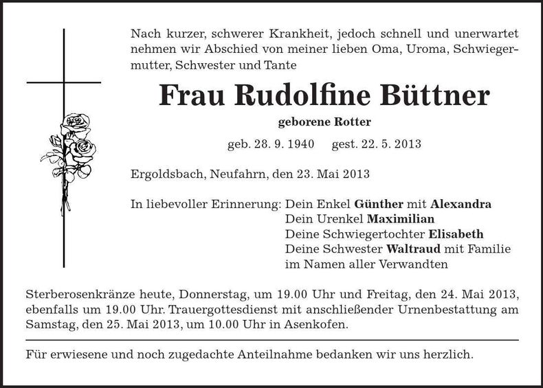 Traueranzeige Rudolfine Büttner