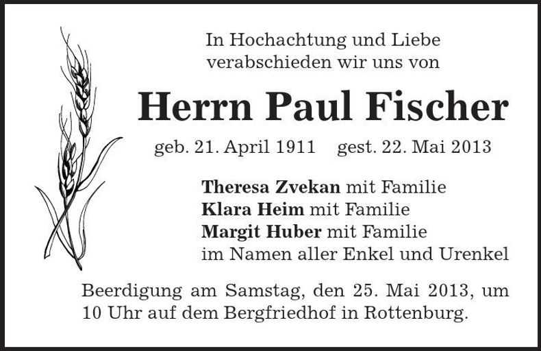 Traueranzeige Paul Fischer