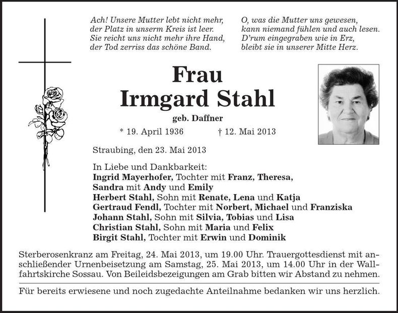 Traueranzeige Irmgard Stahl