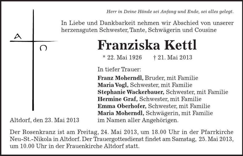 Traueranzeige Franziska Kettl