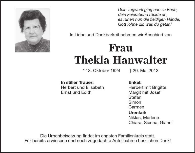 Traueranzeige Thekla Hanwalter