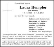 Traueranzeige Laura Hempler