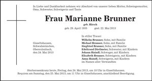 Traueranzeige Marianne Brunner