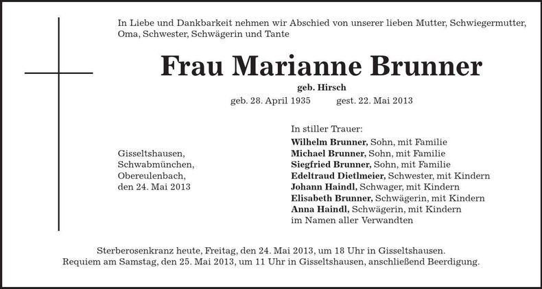 Traueranzeige Marianne Brunner