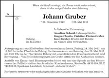 Traueranzeige Johann Gruber